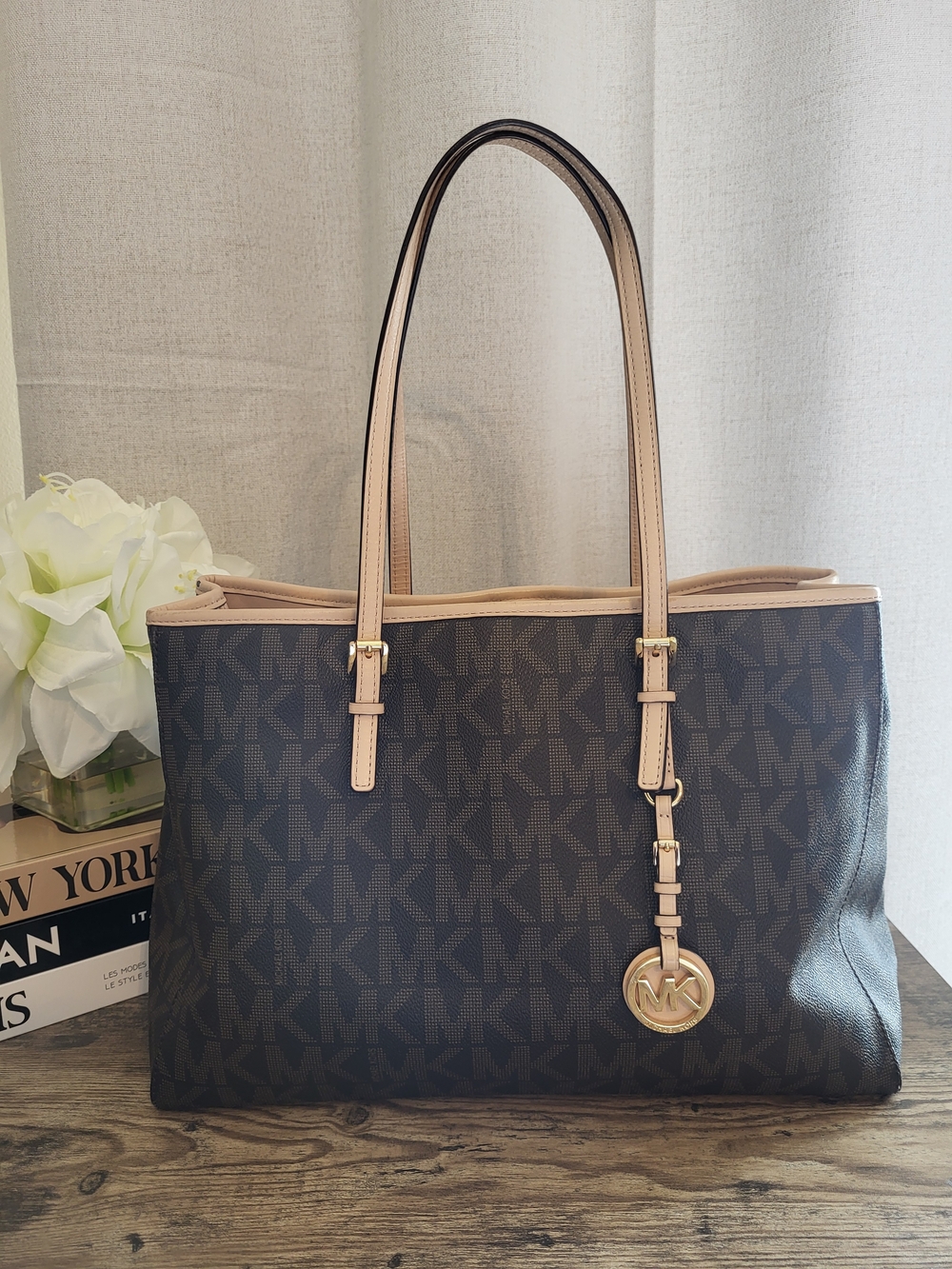Michael Kors Signature Dark Brown Monogram Print Tote with Beige Trim